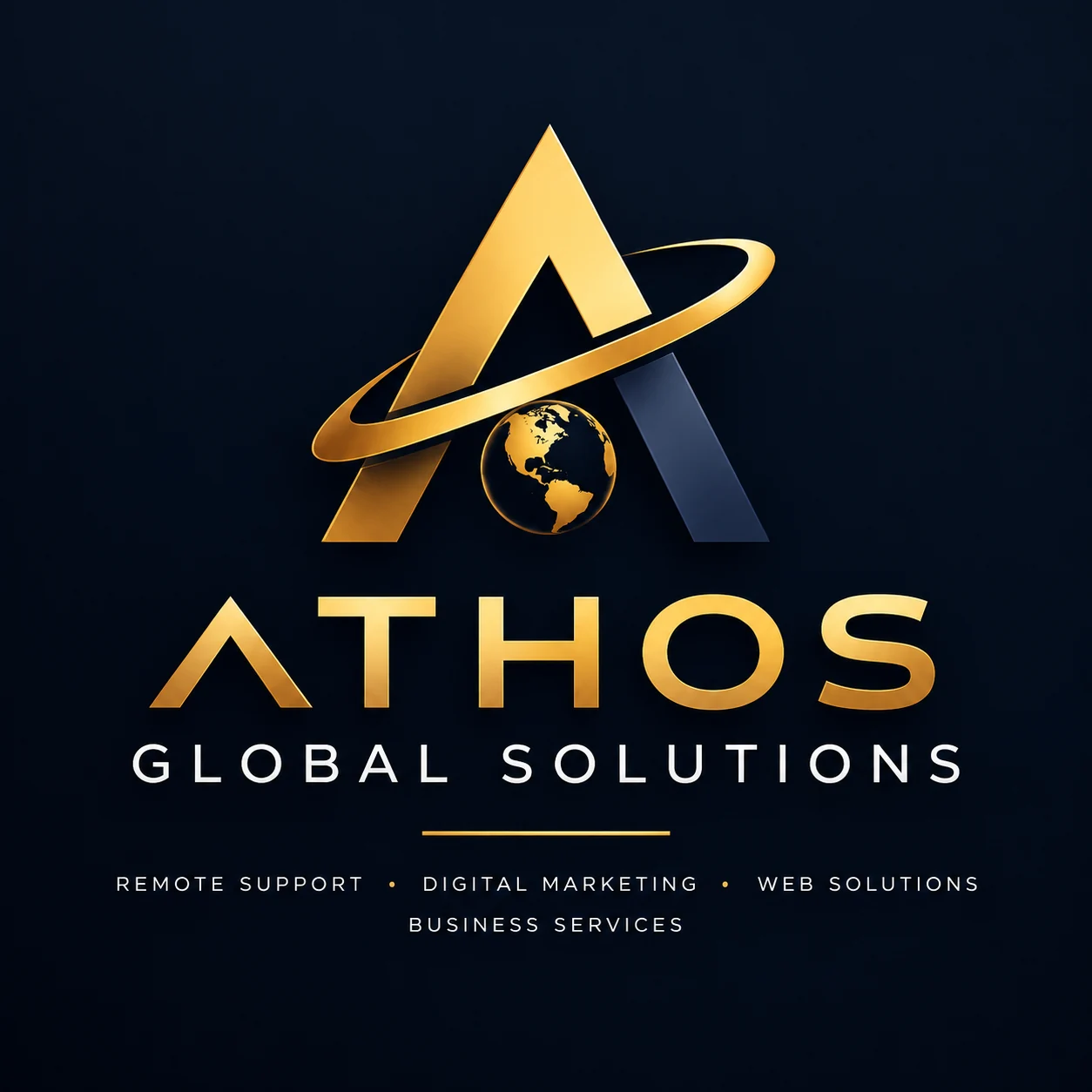 Athos Global Solutions logo in metallic gold on a dark background